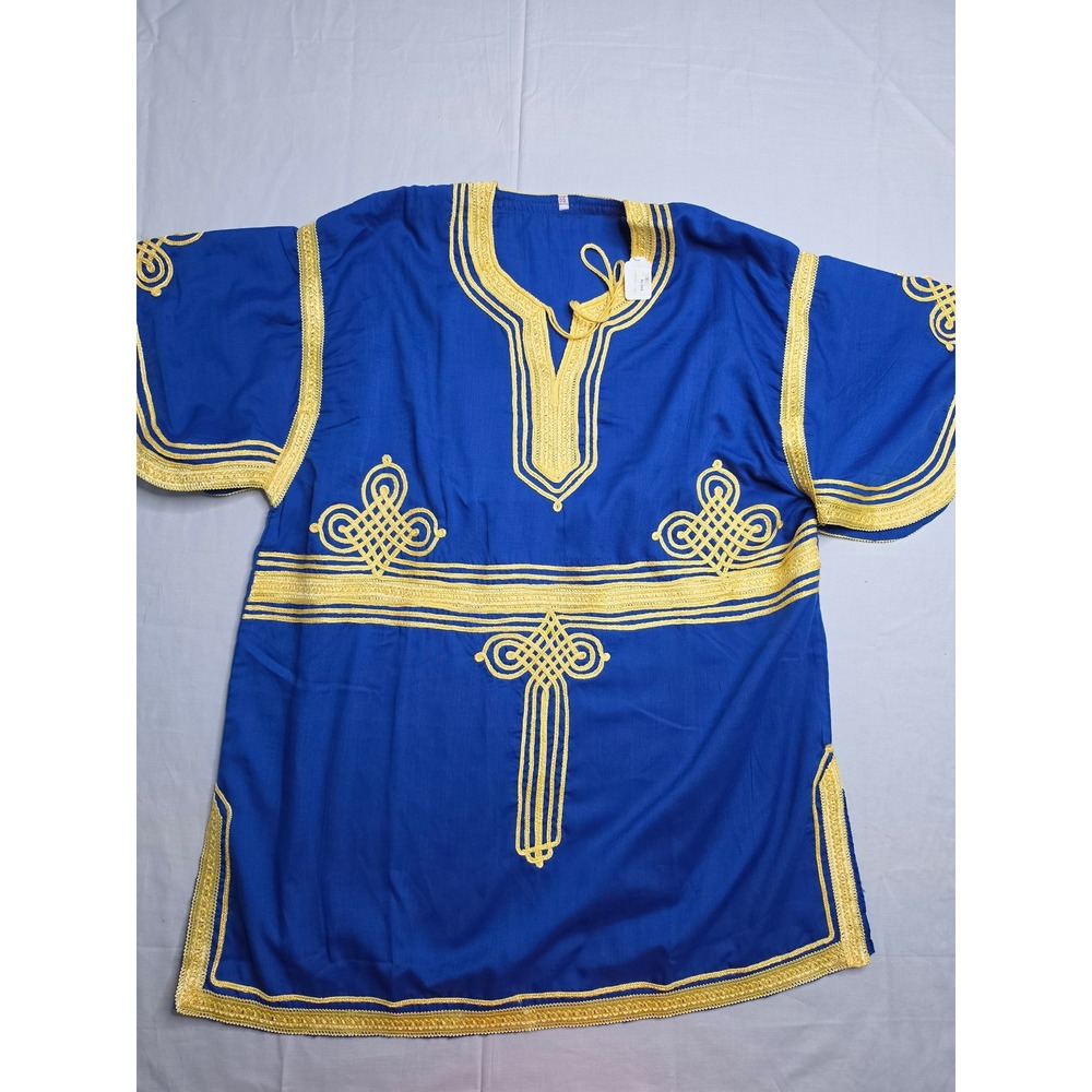 Men Tunic Shirt 56 Blue Gold African Embroidery Tie Neck Side Slit Short Sleeve